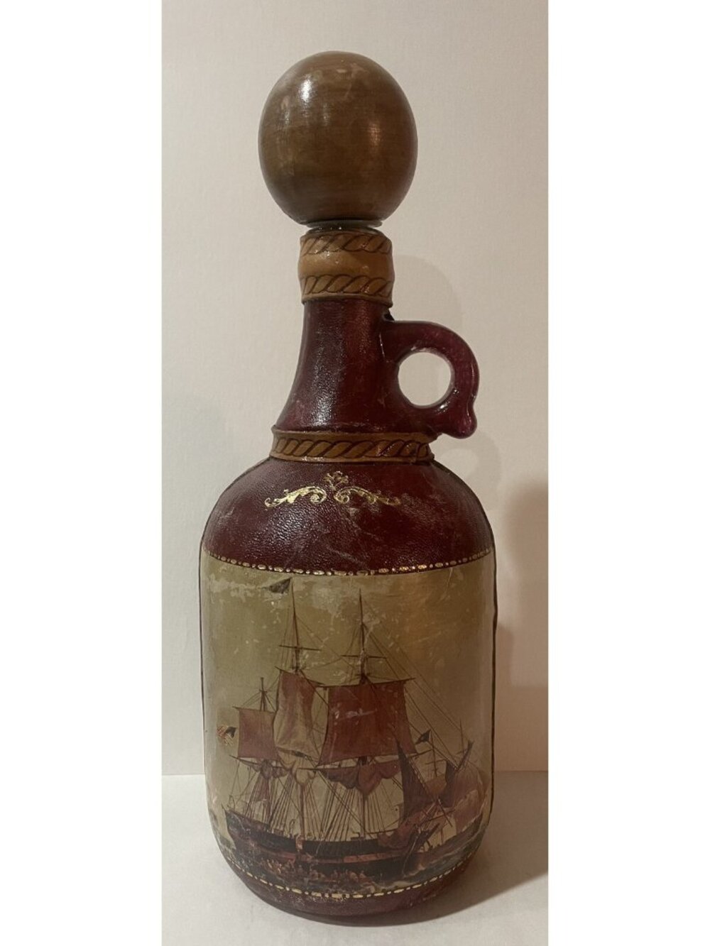 Fausto Corduri-Leather Wrap Nautical Liquor Bottle w Clipper Ship Flag Wood Top